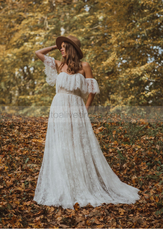 Off Shoulder Ivory Eyelash Lace Ruffled Wedding Dress